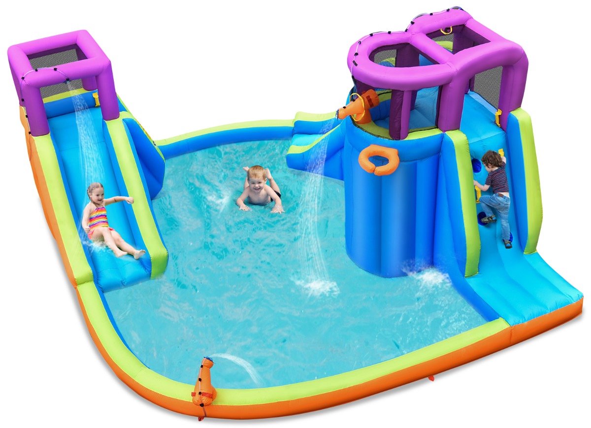 SureDeal® - Kussen - Opblaasbaar Waterpark Dubbele - Sproeiers - Waterpistolen - 458x440x236 cm - Blauw + Paars + Groen + Oranje