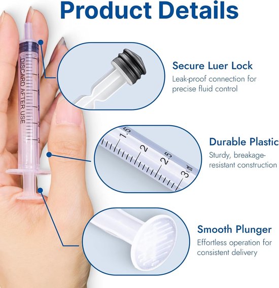 Steriele Luer Lock Spuiten 50 Stuks, 2 ml en 3 ml voor Laboratorium, Epoxyhars en Huisdieren, Wegwerp Plastic Spuiten voor Vullen en Doseren — afbeelding 2