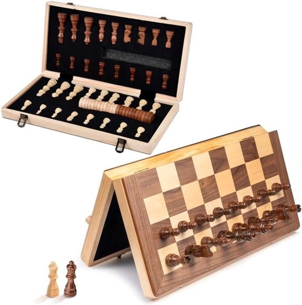 Schaakspel Houten Bordspel - Dammen Schaken - Strategisch Denken - Magnetisch Inklapbaar - 15 Inch - Walnoot