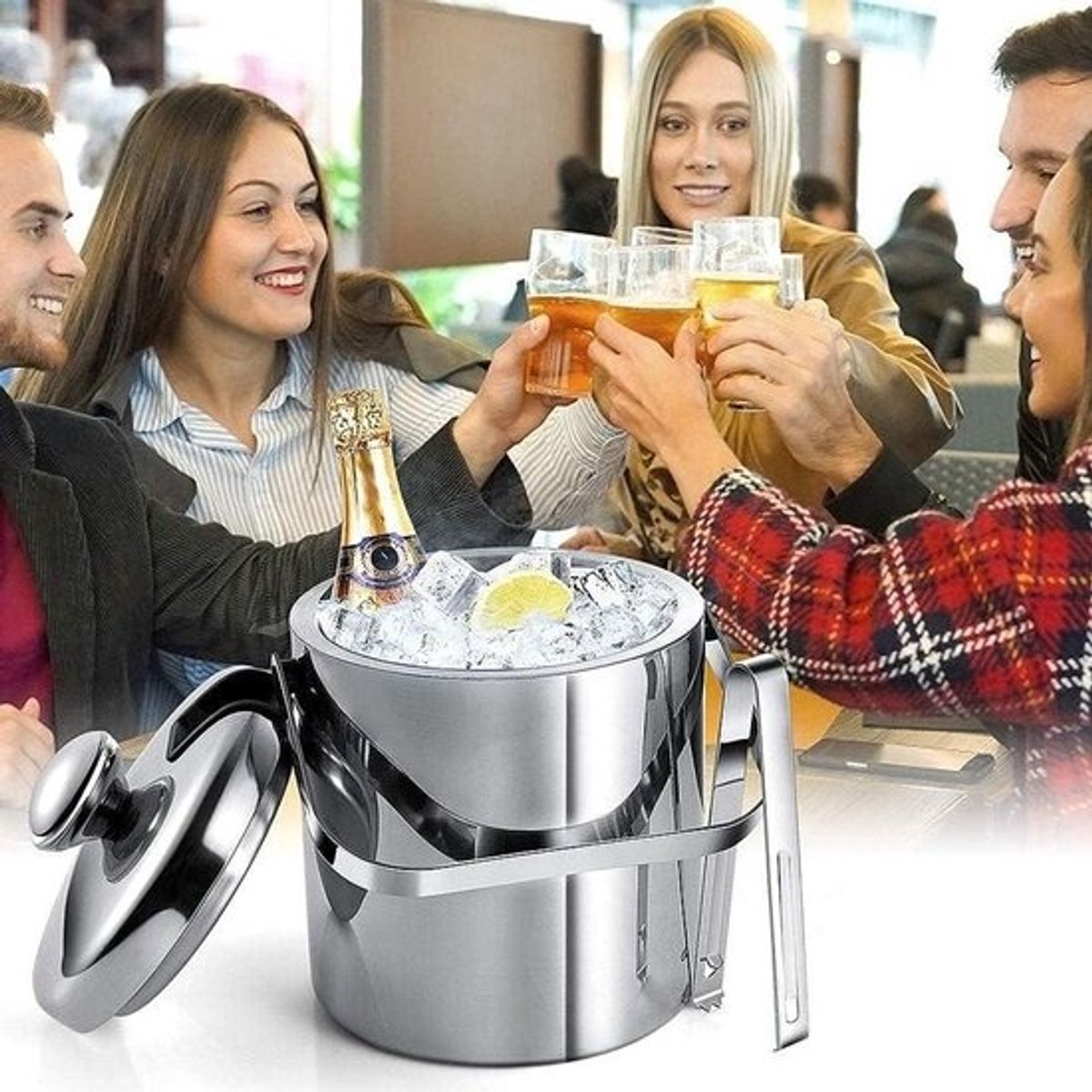 Ijsemmer met deksel - Geïsoleerde emmer - Dranken koel houden - Dubbelwandig roestvrij staal - 13 liter - Zilverkleurig