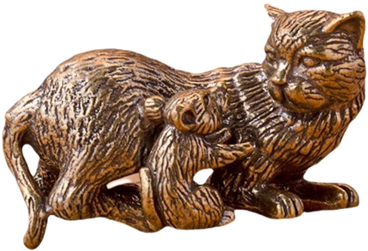 Vintage Messing Kat en Muis Sculptuur - Retro Ornamenten