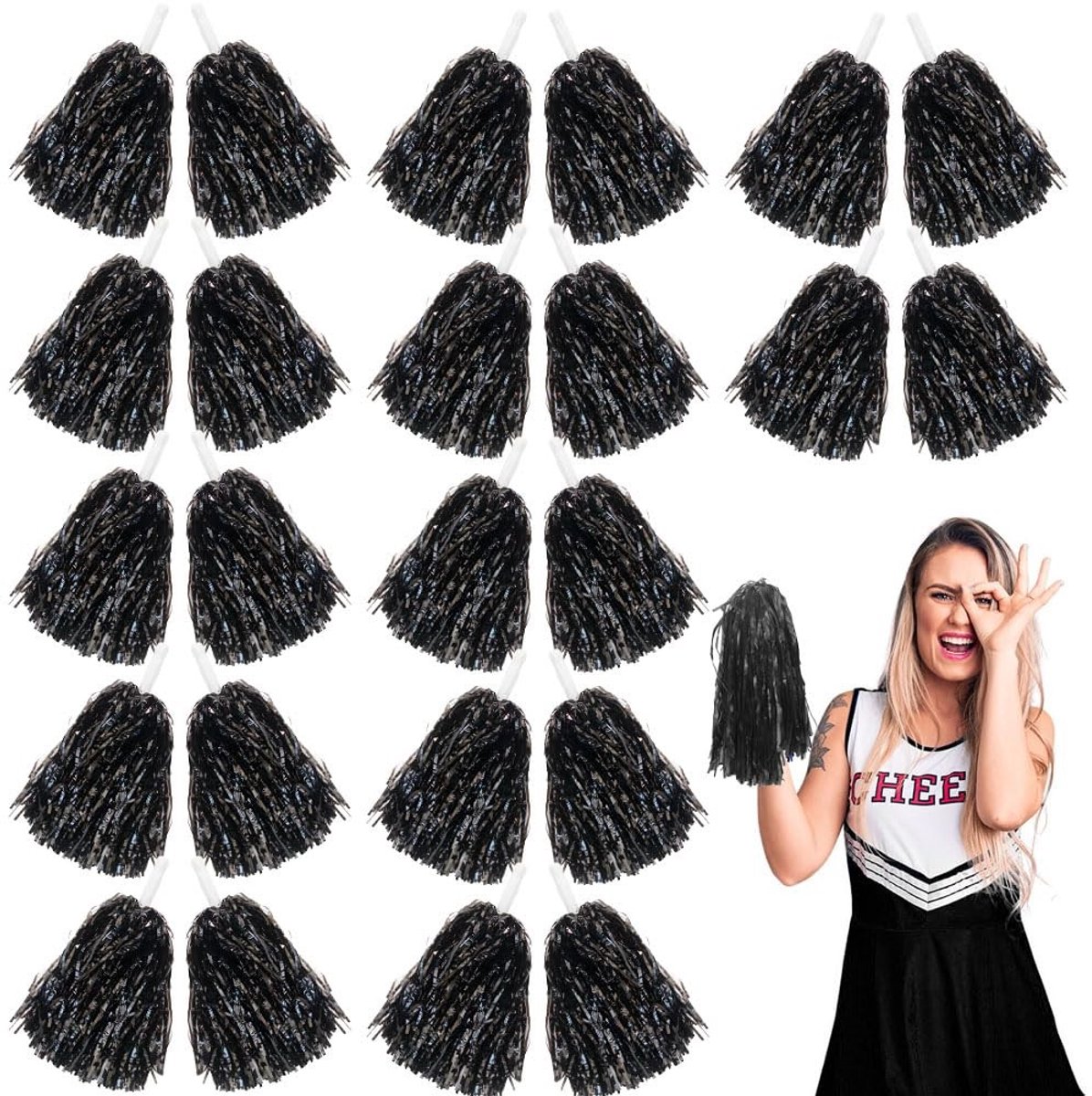 Cheerleading pom poms - 24 Stuks zwart met handvat