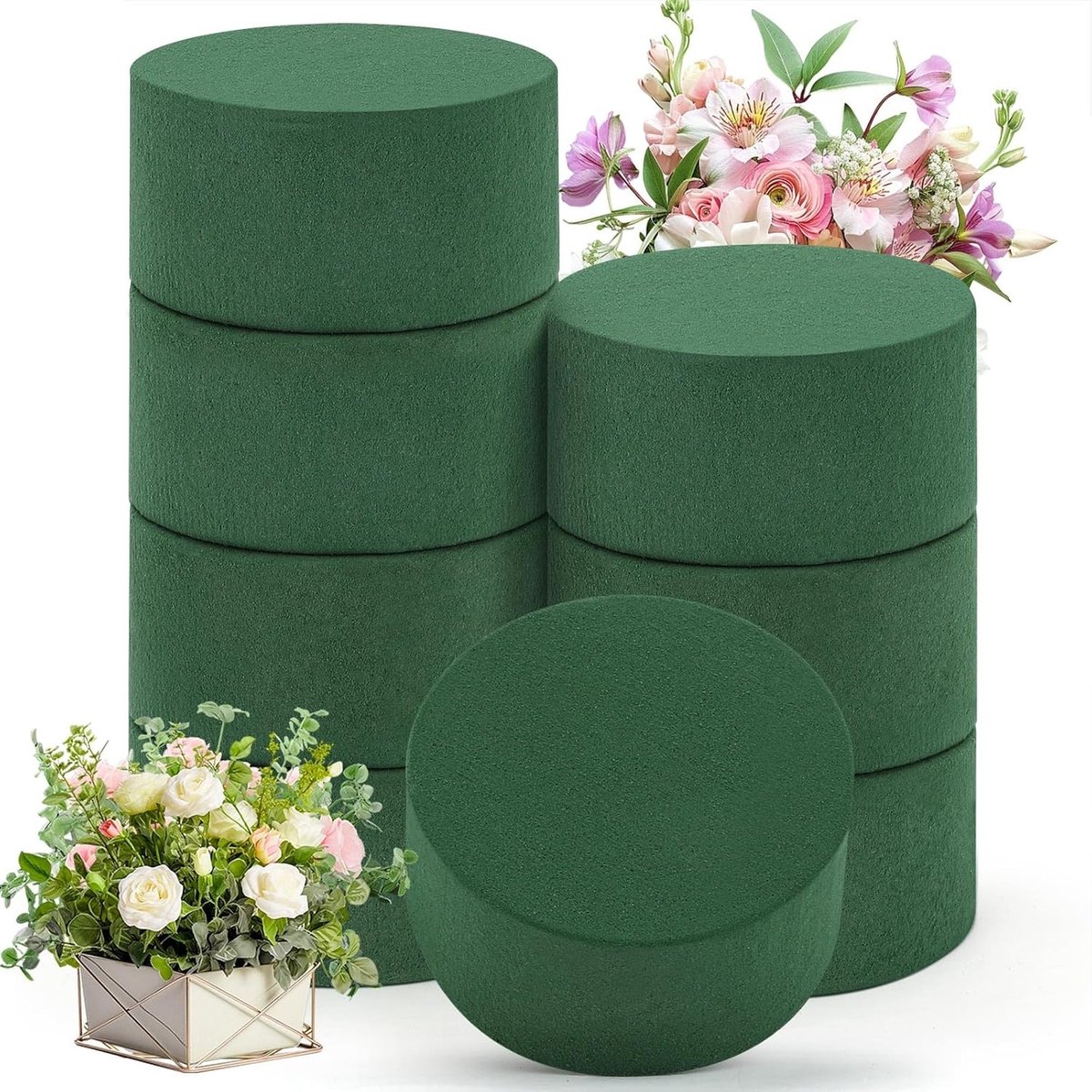 Set van 8 Kunststof Bloemensteekschuim, Ronde Foam Blokken van 8 x 4 cm voor Bloemstukken, Creatief Knutselen, Groen Mos, Versieringen en Bloemarrangementen