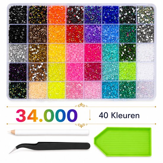 34.000 strass steentjes in 40 kleuren, inclusief pincet, wax potlood en sorteerbakje.