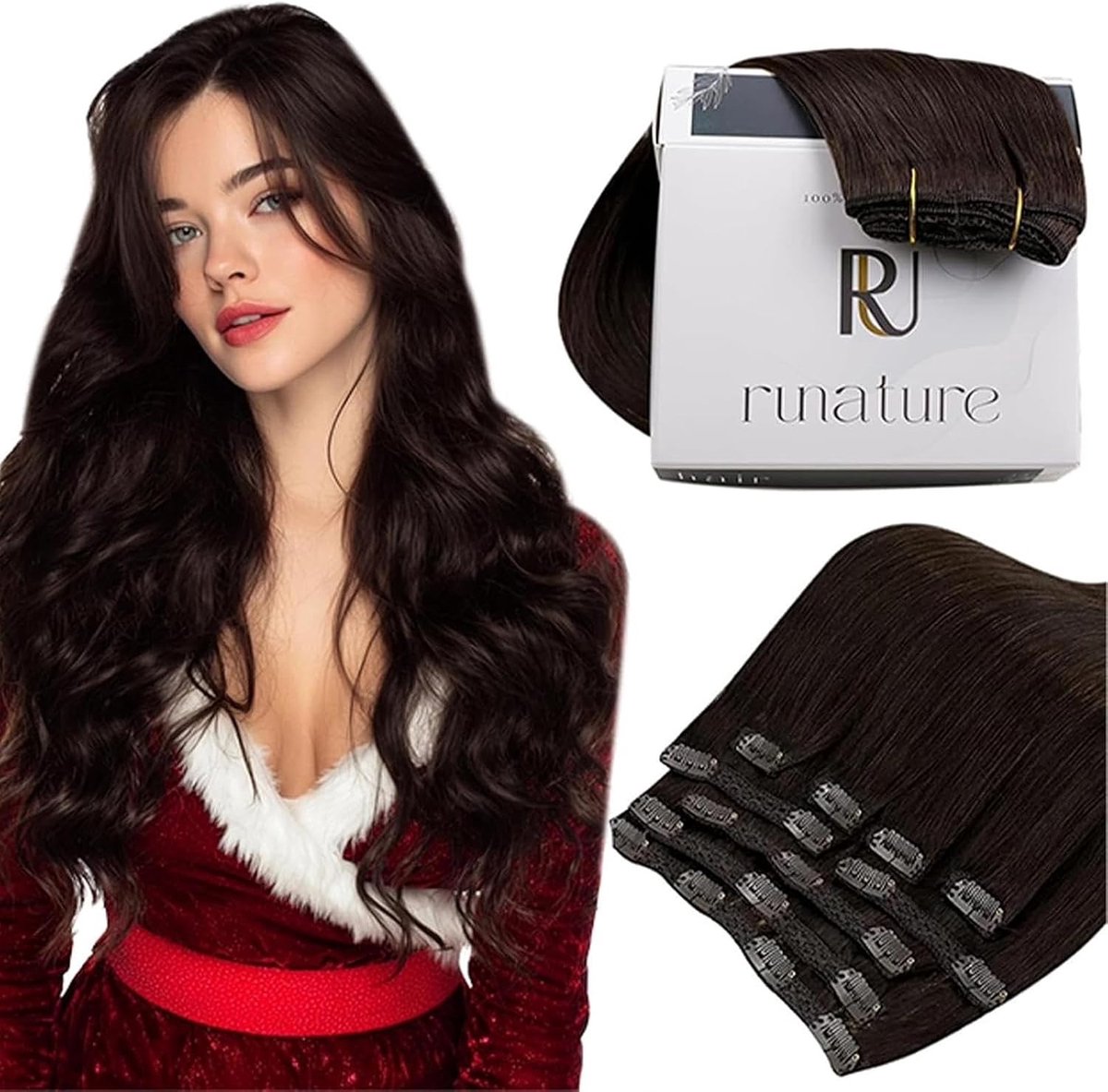 Klip-in Haarextensions van Echt Haar in Donkerbruin, 7 Stuks, 35 cm, 120 g - Natuurlijk Volume en Lengte