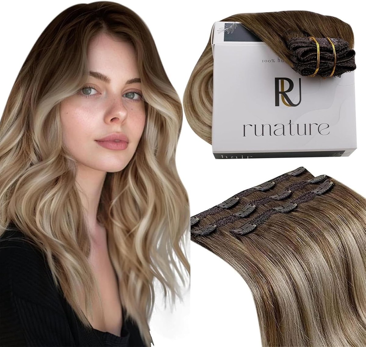 Clip-in Haarextensions van Menselijk Haar in Balayage Bruin Blond #3/8/22 - Natuurlijke Look, Gemakkelijk te Bevestigen, Perfect voor Volume en Lengte