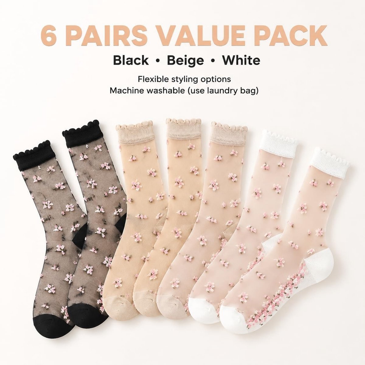Zes Paar Dames Nylon Kousen, Bloemen Rimpel Sokken voor Vrouwen en Meisjes, Ideaal voor Kantoor, Dagelijks Gebruik en Zomerfeesten (Zwart/Wit/Beige)