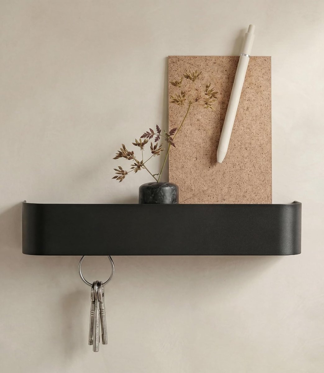 Sleutelrek voor Muur, Minimalistische Sleutelhouder met Metalen Plank, Wandorganizer voor Hal en Entree, Modern Ontwerp, Zwart