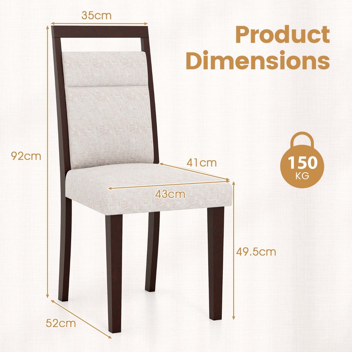 SureDeal® - Eettafel - 2-delige Gestoffeerde Eetkamerstoelen - Gewatteerde Zittingen - Verstelbare Rugleuningen - 43x52x92 cm - Beige