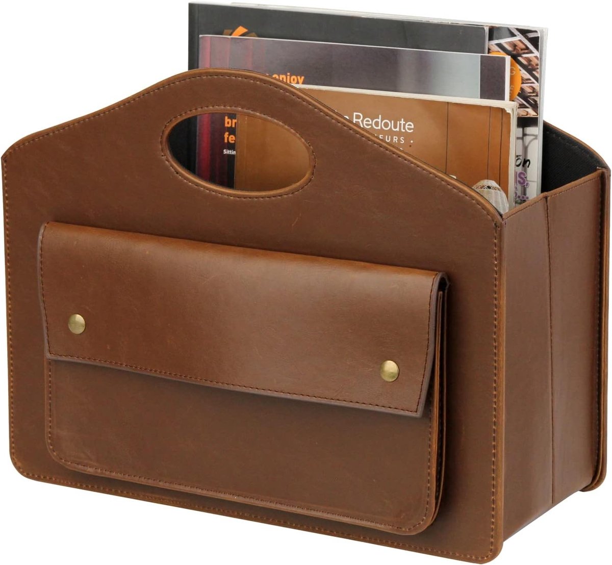 Lederen tijdschriftenhouder en krantenrek met handvat, opvouwbare opbergmand met kleine voorzak, multifunctionele organizer in bruin, 35 x 28 x 10 cm, ideaal voor thuis en op kantoor