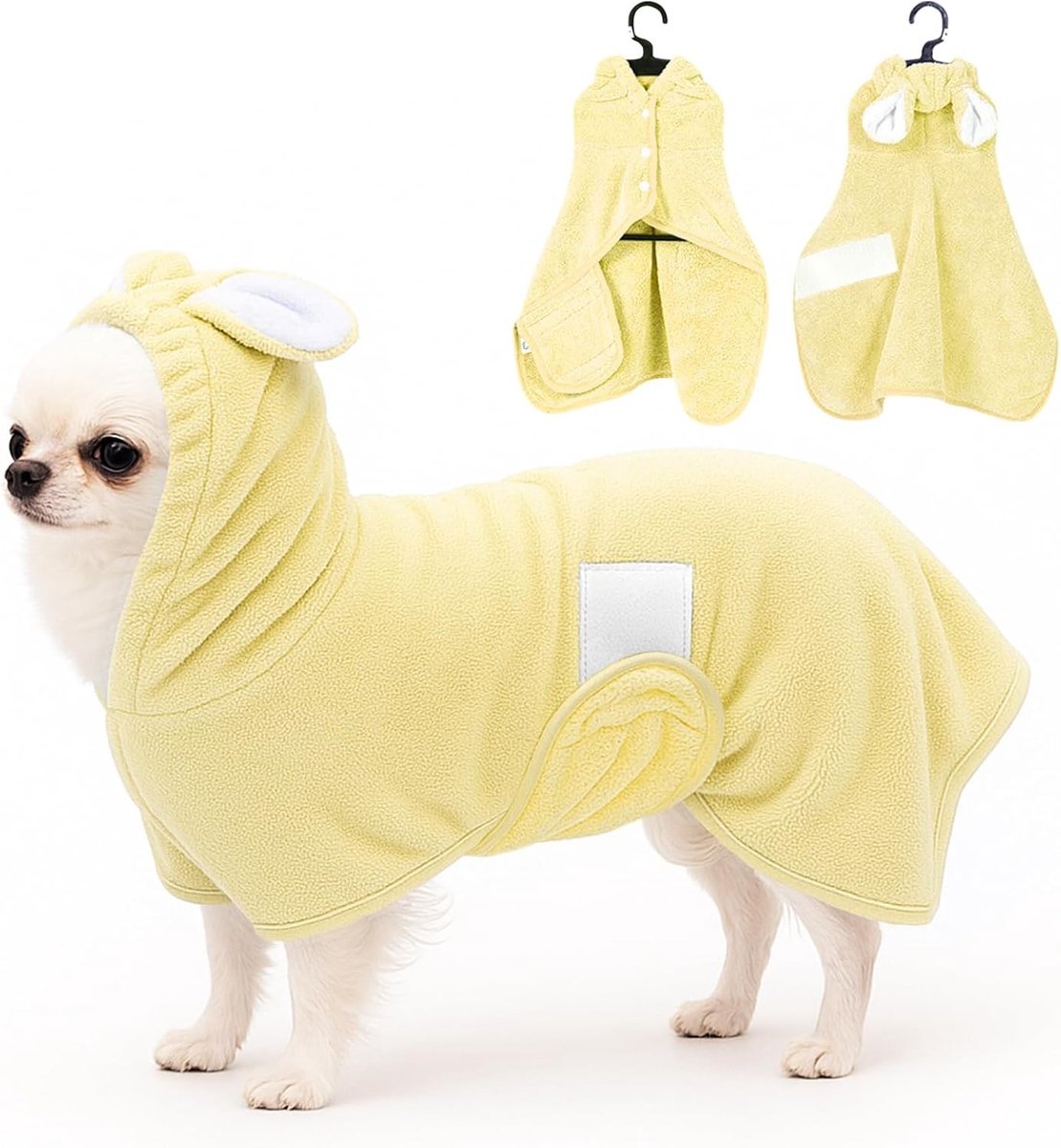 Schattige Microvezel Badjas voor Honden en Katten, Sneldrogend en Super Absorberend, Verstelbare Kraag en Kap voor Dieren van XS tot XL, Geel
