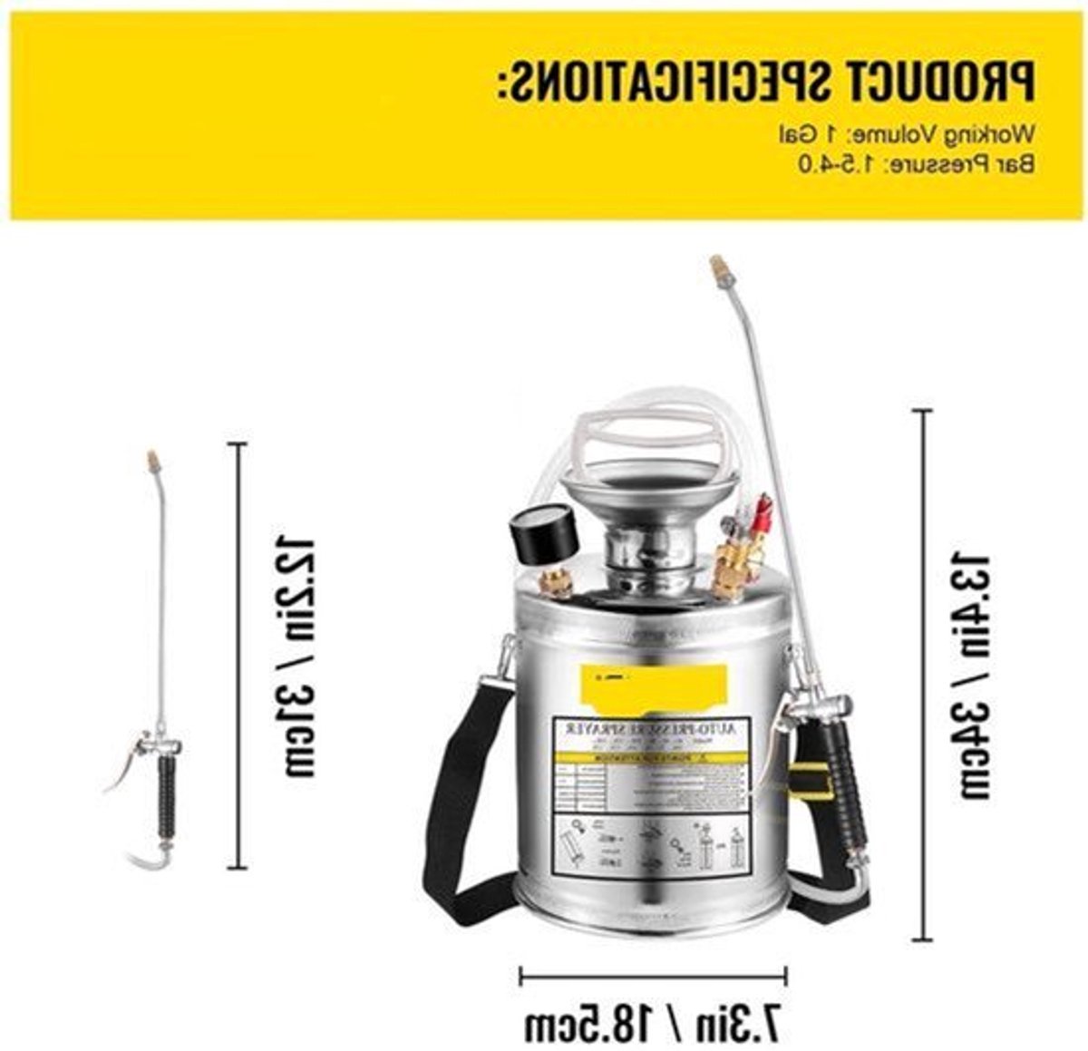 RVS Tuinsproeier - Rugspuit - Onkruidsproeier - Sproeier - Drukspuit - 4L - Handpomp - Verstelbare Messing Nozzle - voor Tuin - Reiniging - Desinfectie