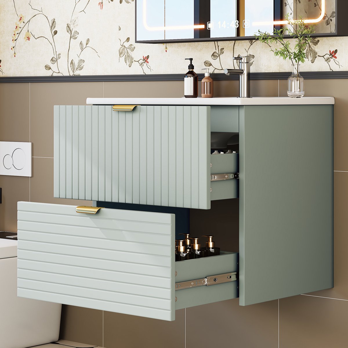 Hangend wastafelmeubel 61x46x57cm - Geïntegreerde wastafel - Twee geruisloze laden - Volledig gelakt MDF - Ladefronten met horizontale en verticale structuur - Mintgroen
