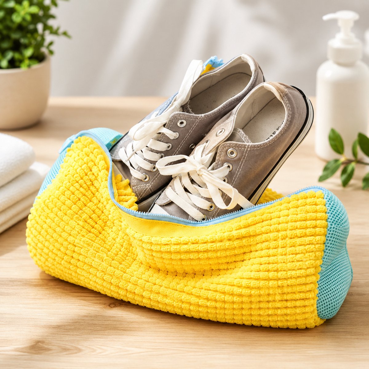 Waszakken voor Schoenen (2 stuks, Geel) - 360° Diepe Reiniging met Duizenden Chenille Microvezels | Herbruikbaar, Onzichtbare Rits & Ophanglus
