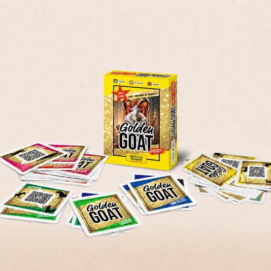 Gouden speldoos van Golden GOAT met losse kaarten, sommige met QR-codes en afbeeldingen van mensen en dieren.
