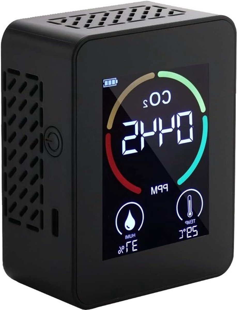 CO2-meter Luchtkwaliteit - Kooldioxidedetector Vochtmeter - Luchtkwaliteit Monitoren - 4 Kleurindicatoren - 90 x 70 x 40 mm - Zwart