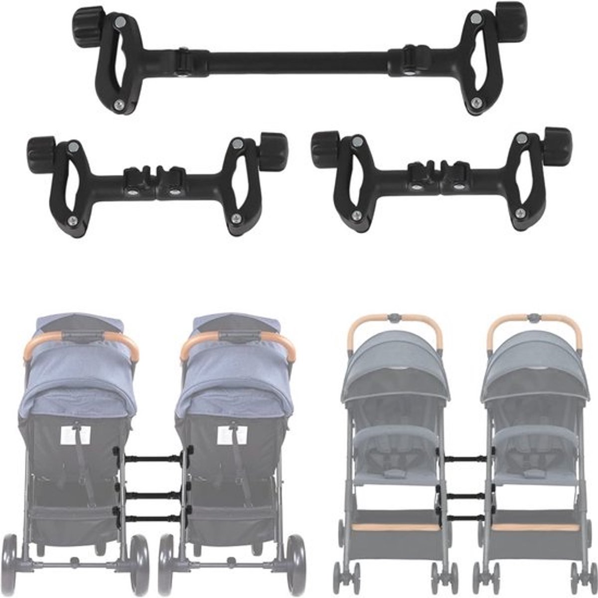 Kinderwagen Verbindstukken - Tweeling Connectoren - Dubbel Wandelen - Universele Compatibiliteit - 3 Delige Set - Zwart