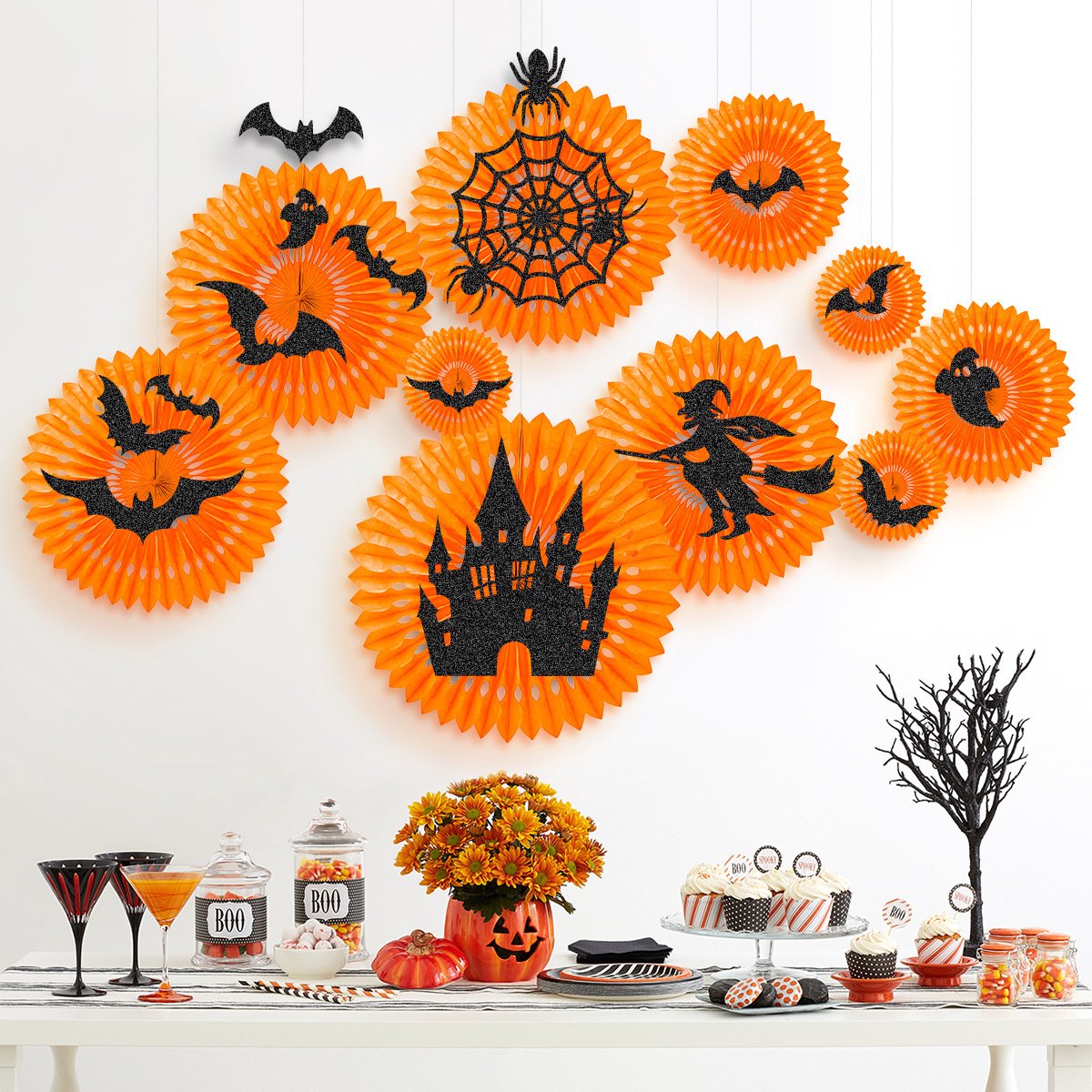 Hangende Halloween Decoraties Set - Papieren Waaier - Verpakking van 10 Stuks - Spoken, vleermuizen, spinnen, kastelen, heksen - voor Feestdecoraties