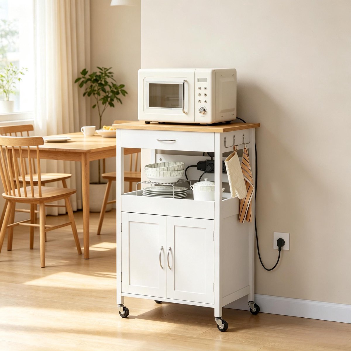 Clruro Keukenwagen - 60 x 45 x 92 cm - Stopcontact en Wielen - Lade en Kast - E1 MDF - Wit/Bamboe