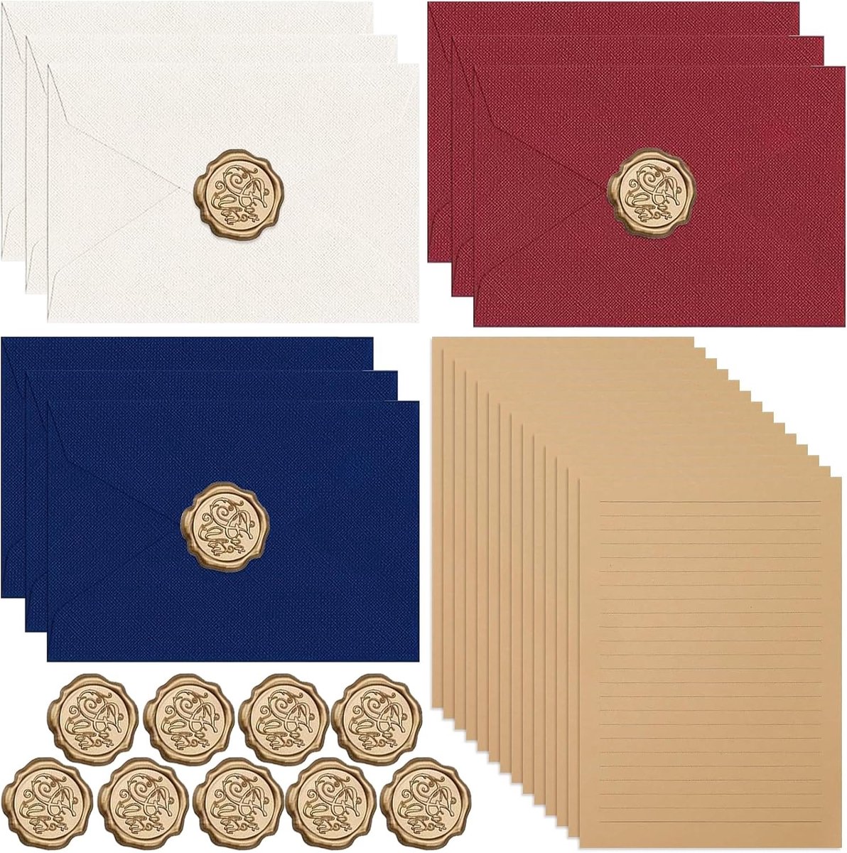 Vintage Briefpapier Set van 38 Stukken met Linnen Enveloppen en Waszegels voor Uitnodigingen, Verjaardagen en Bruiloften