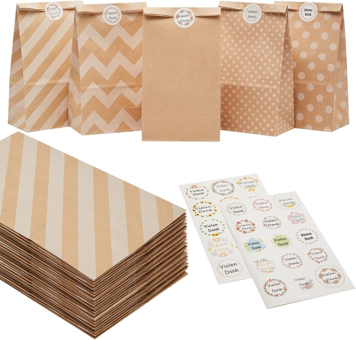 Kraft Papieren Tassen met Stickers - Bruine Cadeautassen voor Feesten, Verjaardagen en Kerst - 30 Stuks, 24 x 13 cm