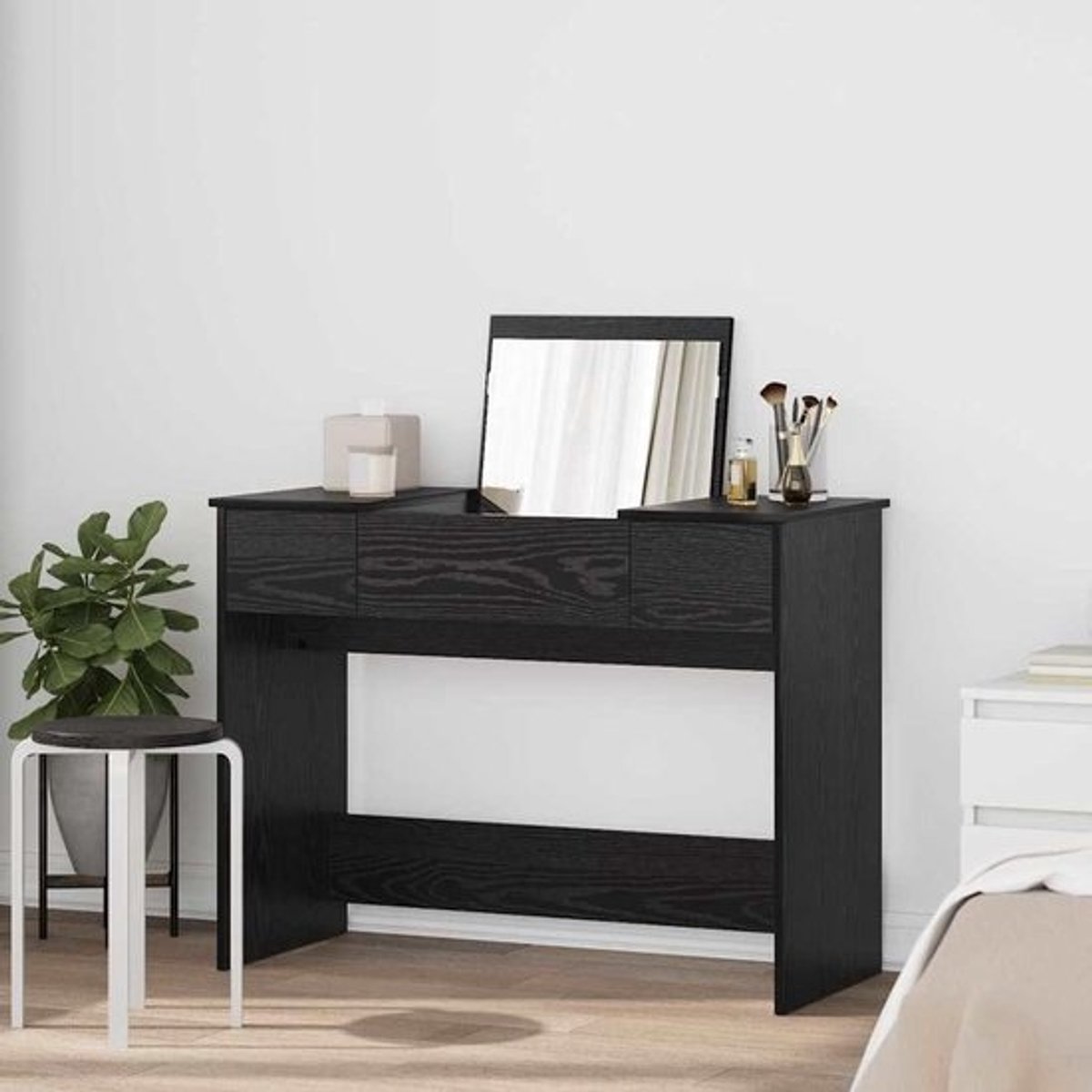 Kaptafel met lade - Make-uptafel meubel - Cosmetica organiseren - Met ingebouwde spiegel - 100 cm breed - Zwart eiken