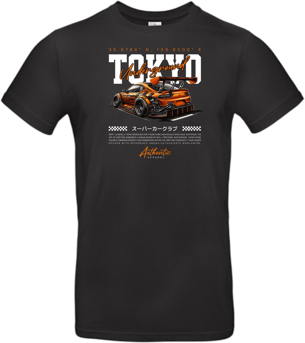 T-shirt zwart met opdruk Tokyo Underground en fraaie oranje raceauto maat XL van Shirtmakelaar