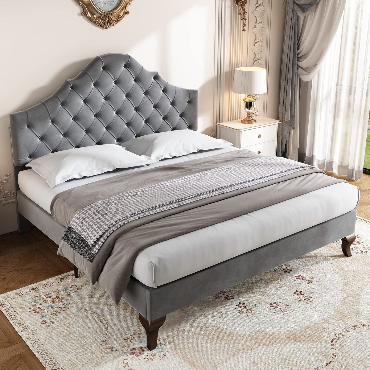 Tweepersoonsbed 140 x 200 cm van fluweel met verstelbaar hoofdeinde - Grijs
