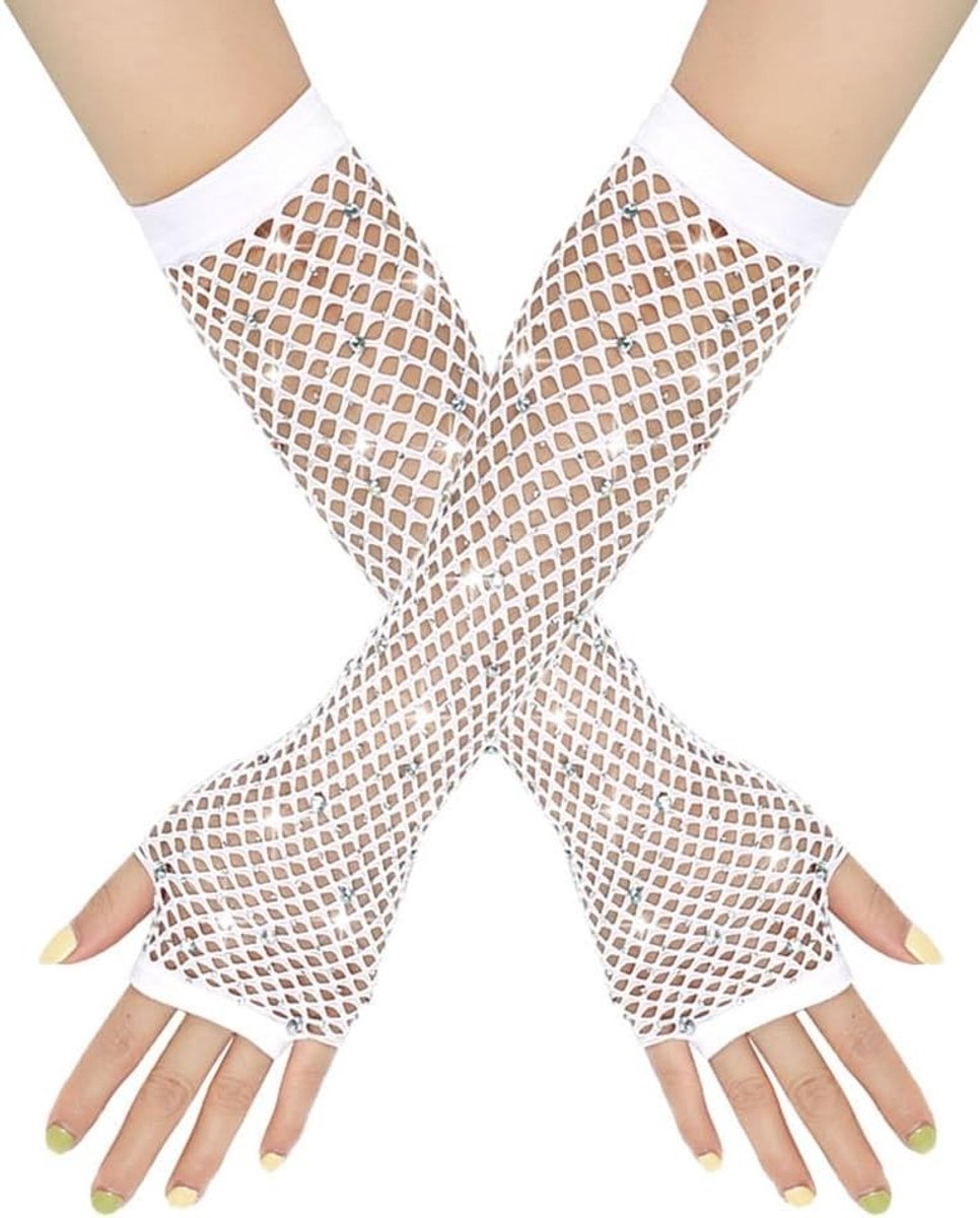 Kleurige Vingerloze Net Handschoenen met Strass voor Avondkleding en Feestjes - Ideaal voor 80s Danskostuums en Modeaccessoires
