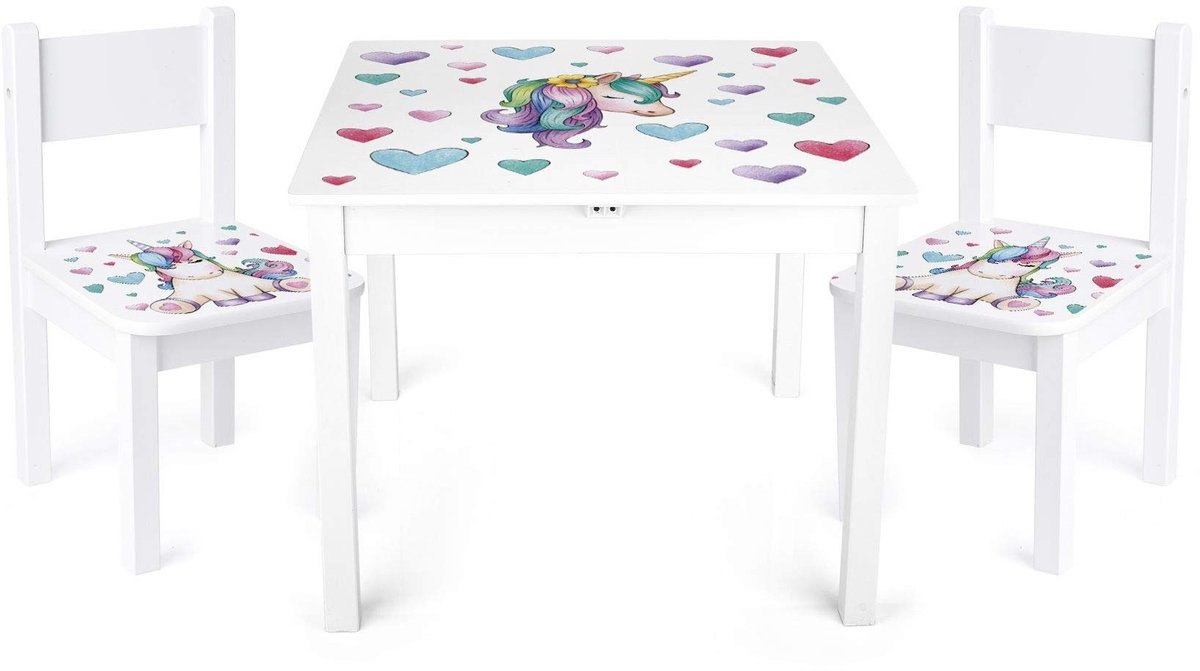 Kinder tafel met 2 stoelen - Unicorn design - 60x60x49 cm