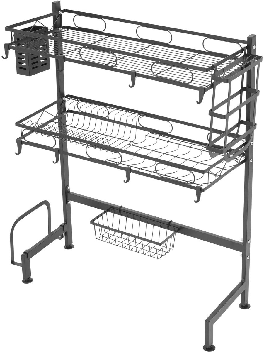 Afwasrek 2-niveau met haken - 65 x 28 x 82 cm, zwart