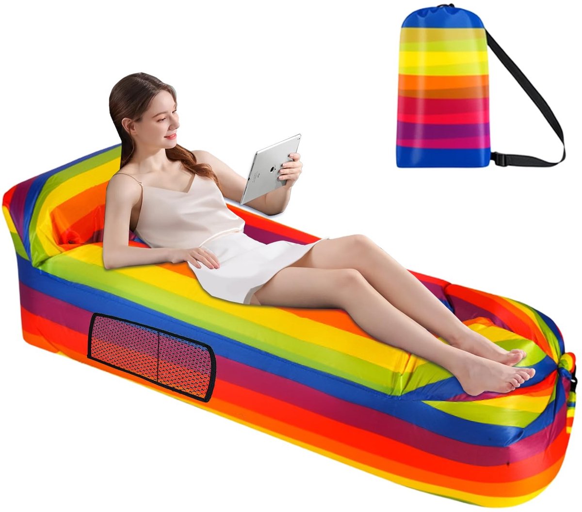 Opblaasbare Strandbank - Ergonomisch met Kussens en Zijzakken - Regenboog