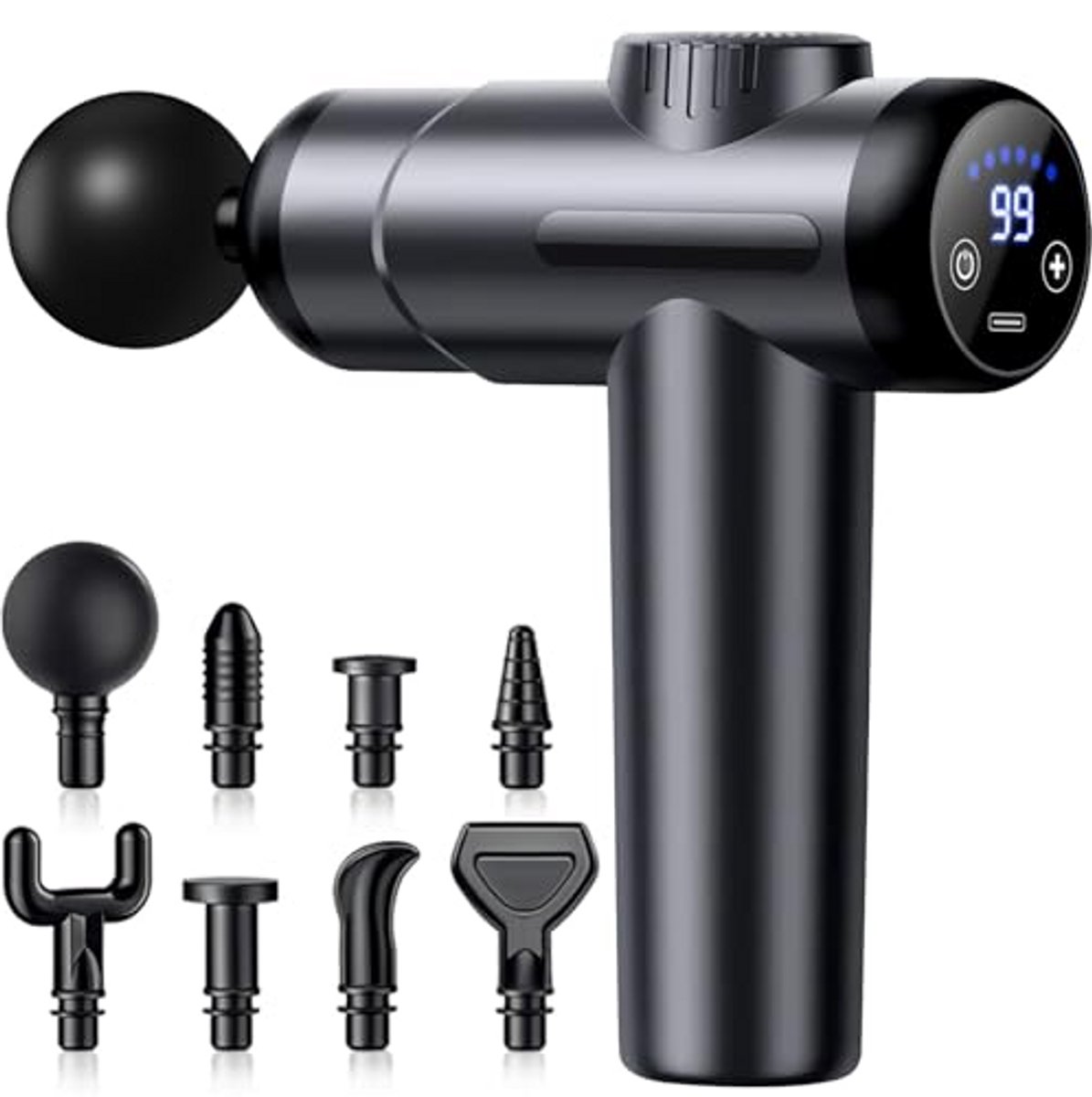 Massage Gun met 99 Intensiteitsniveaus, 8 Massagekoppen, Spiermassage Apparaat met LCD-scherm, Draadloos en Oplaadbaar