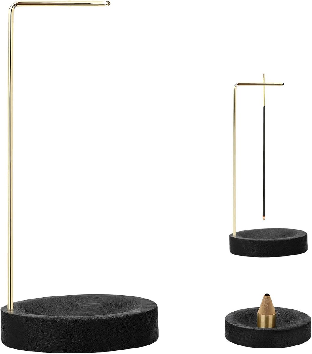 Moderne 2-in-1 Wierookhouder met Gouden Stang en Zwarte Basis, Decoratieve Houten Wierookhouder voor Wierookstokjes en Wierookconen, Ideaal voor Thuis, Kantoor en Yoga