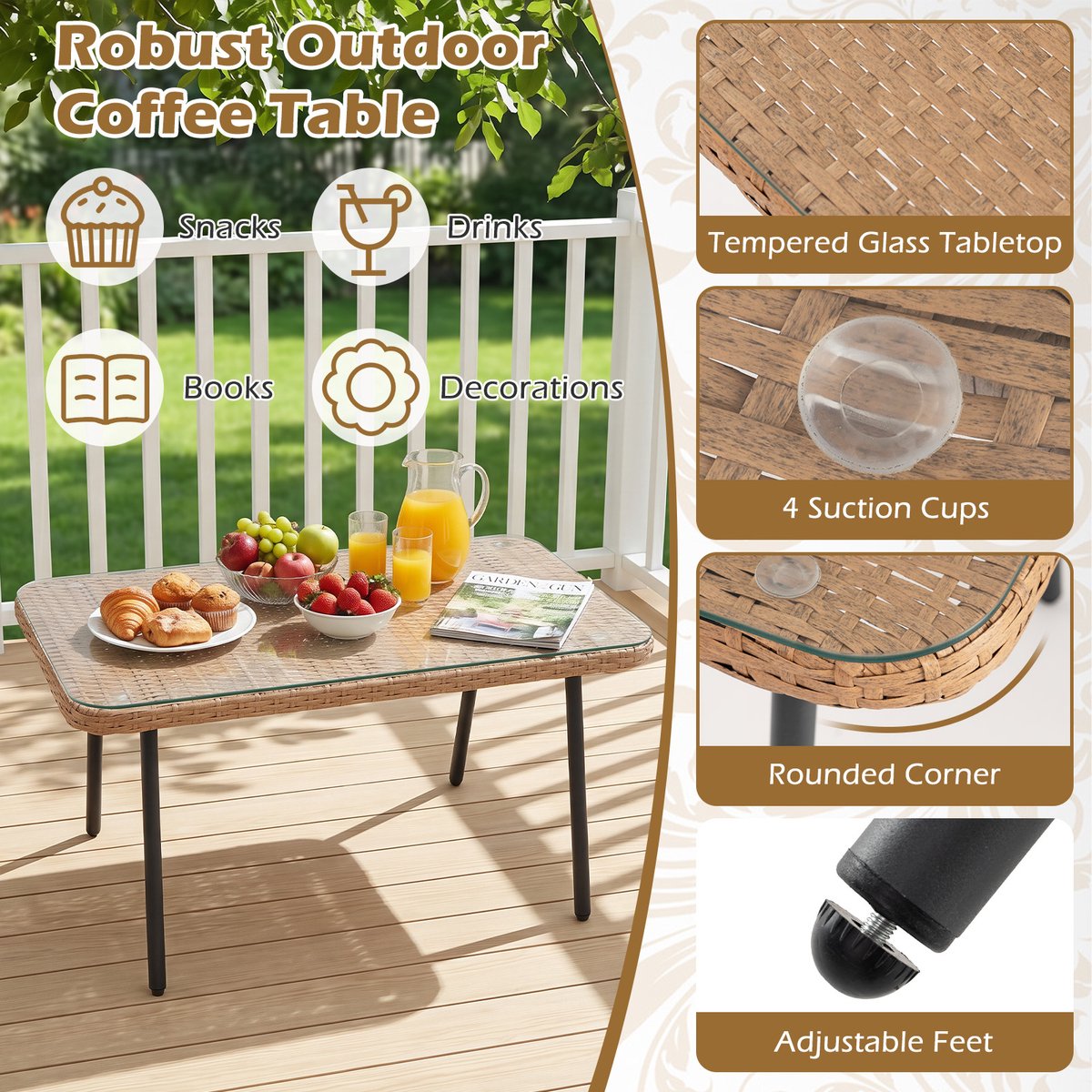 SureDeal® - Tuinmeubel - 3-delig Tuinmeubelset Outdoor - Salontafel Rattan Zitgroep - Metalen - 115,5x63x80 cm - Beige