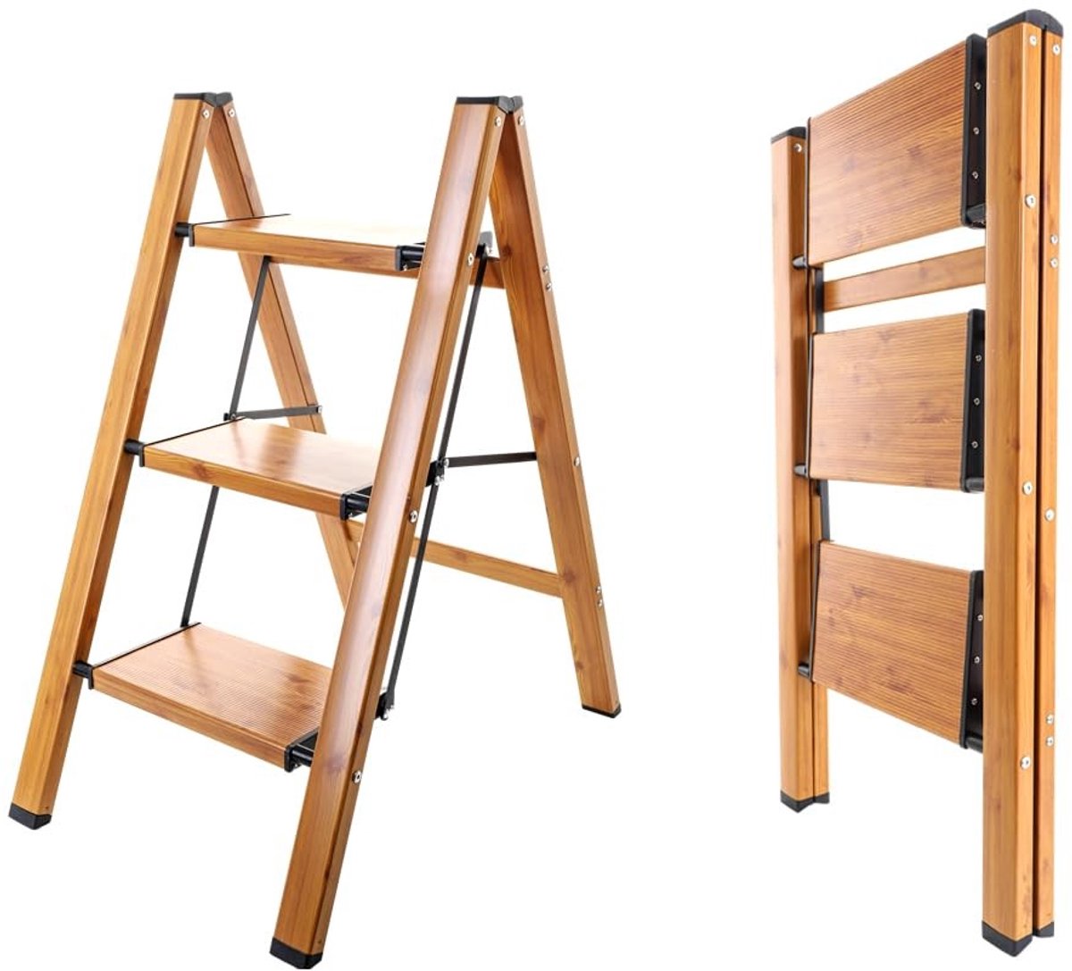 Opvouwbare Ladder - Lichtgewicht Aluminium met Antislip Pedalen - Zwart en Houtkleur