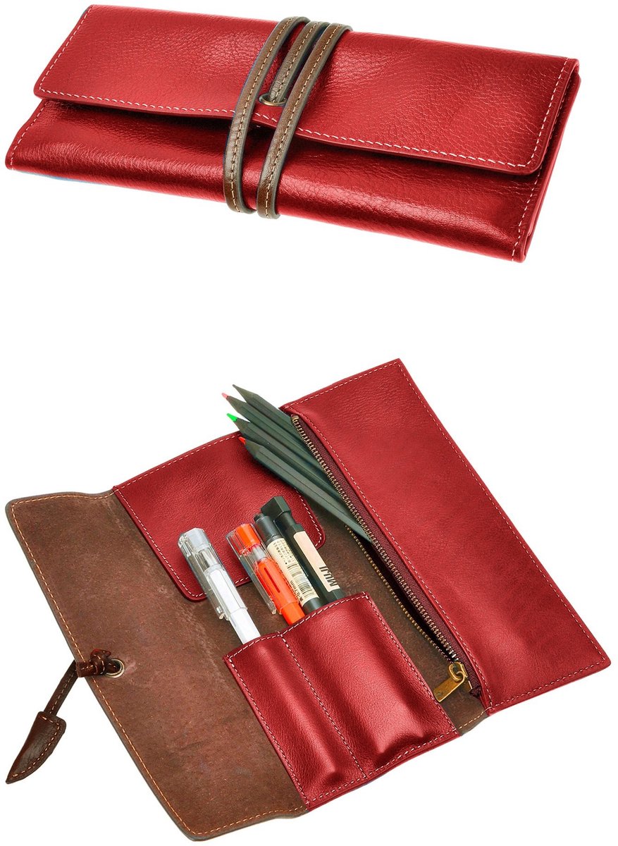 Handgemaakte leren etui - Rood - Voor pennen en potloden