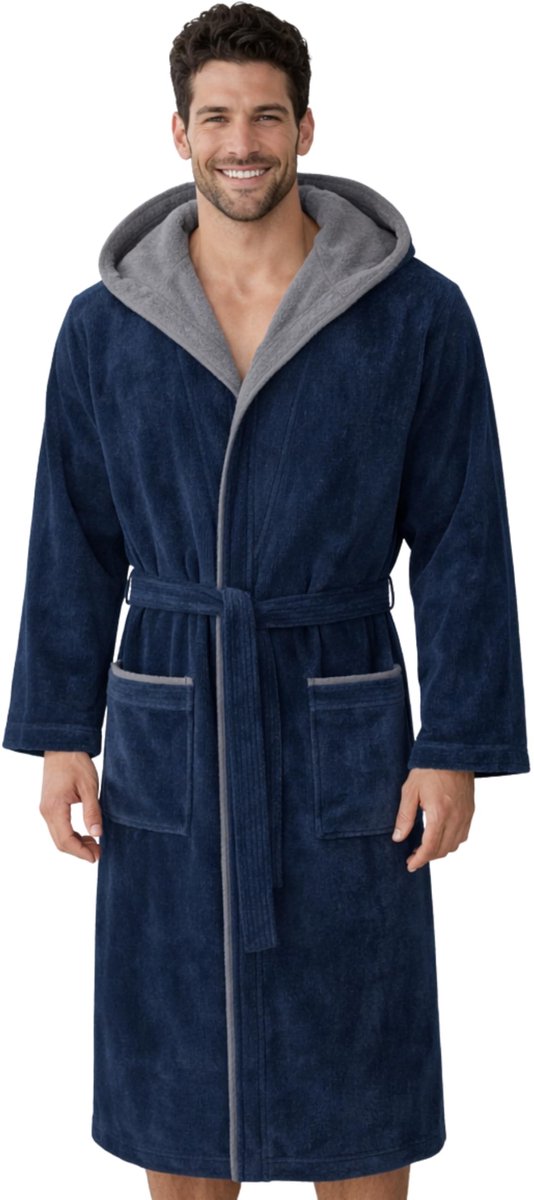 Velours Badjas voor Mannen - 100% Katoen - Blauw - Met Capuchon