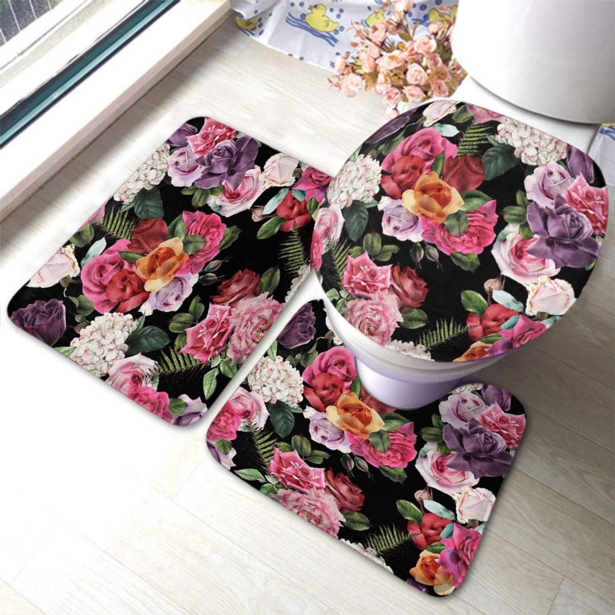 3-delige Badmat Set - Bloemen Motief - Zacht Polyester