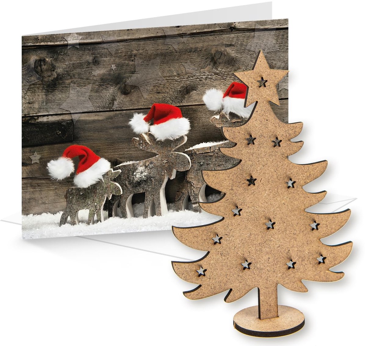 Kerstkaarten Set met Houten Mini Kerstboom - 10 Stuks