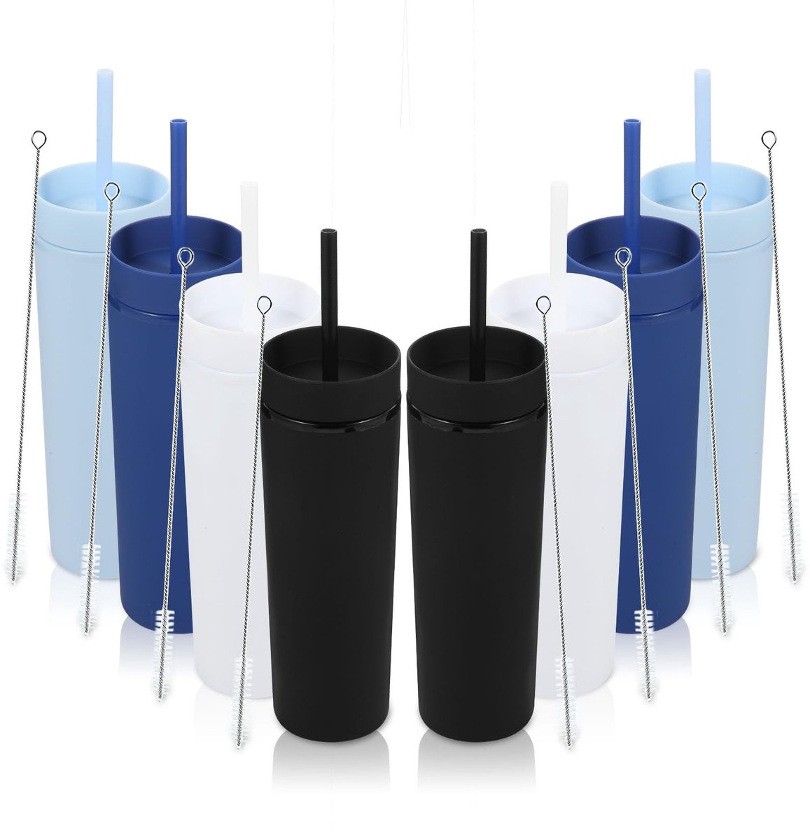 Plastic Slim Tumbler Set - 8 Stuks met Deksel en Rietje - Assorti Kleuren