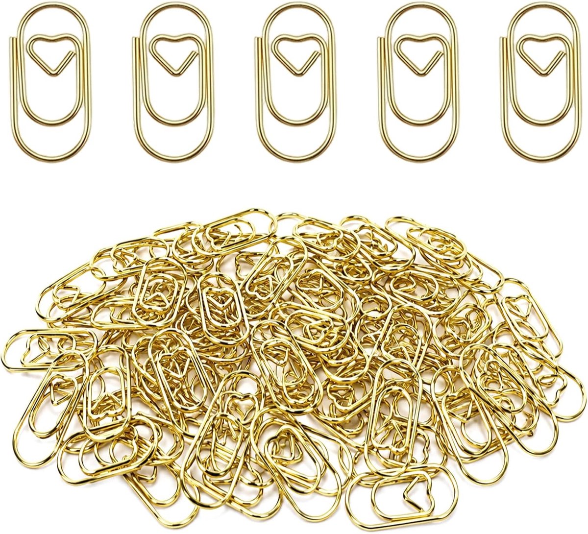 Hartvormige metalen klemmen - 100 stuks kleine paperclips voor documenten, bladwijzers en foto's in goudkleur
