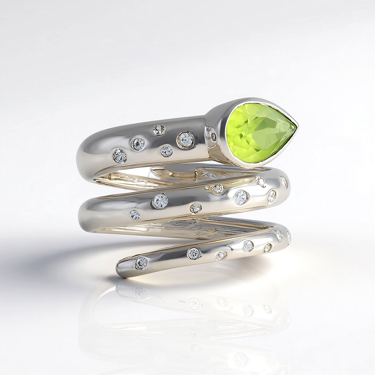 Cavill - Verstelbare Ring - 925 Sterling Zilver met Platina Coating - Peervormige Peridoot 1,25 ct - Zirkonia Accenten - Elegante Damesring