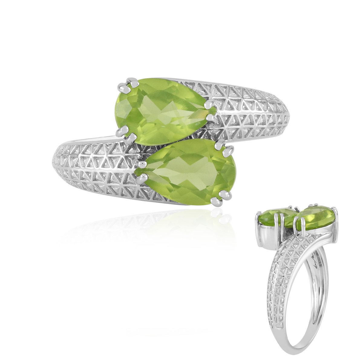 Cavill - Verstelbare Ring 925 Sterling Zilver met Platina Coating - 2,6 Ct Peervormige Peridoot - Moderne Geometrische Damesring