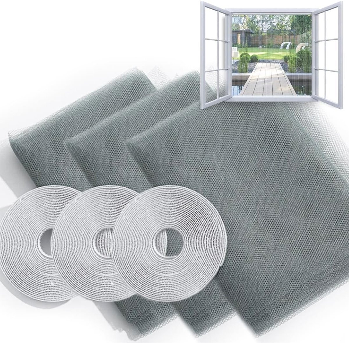 Insectenwerend Hor voor Raam, Zelfklevend, Geen Boren Nodig, Grijs, 1.5 x 2 m, Set van 3, Perfect voor Thuisgebruik en Bescherming tegen Vliegen