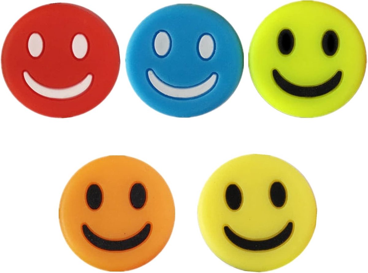 Vijf kleurrijke siliconen racketdempers met smiley gezicht voor tennisaccessoires en schokabsorptie