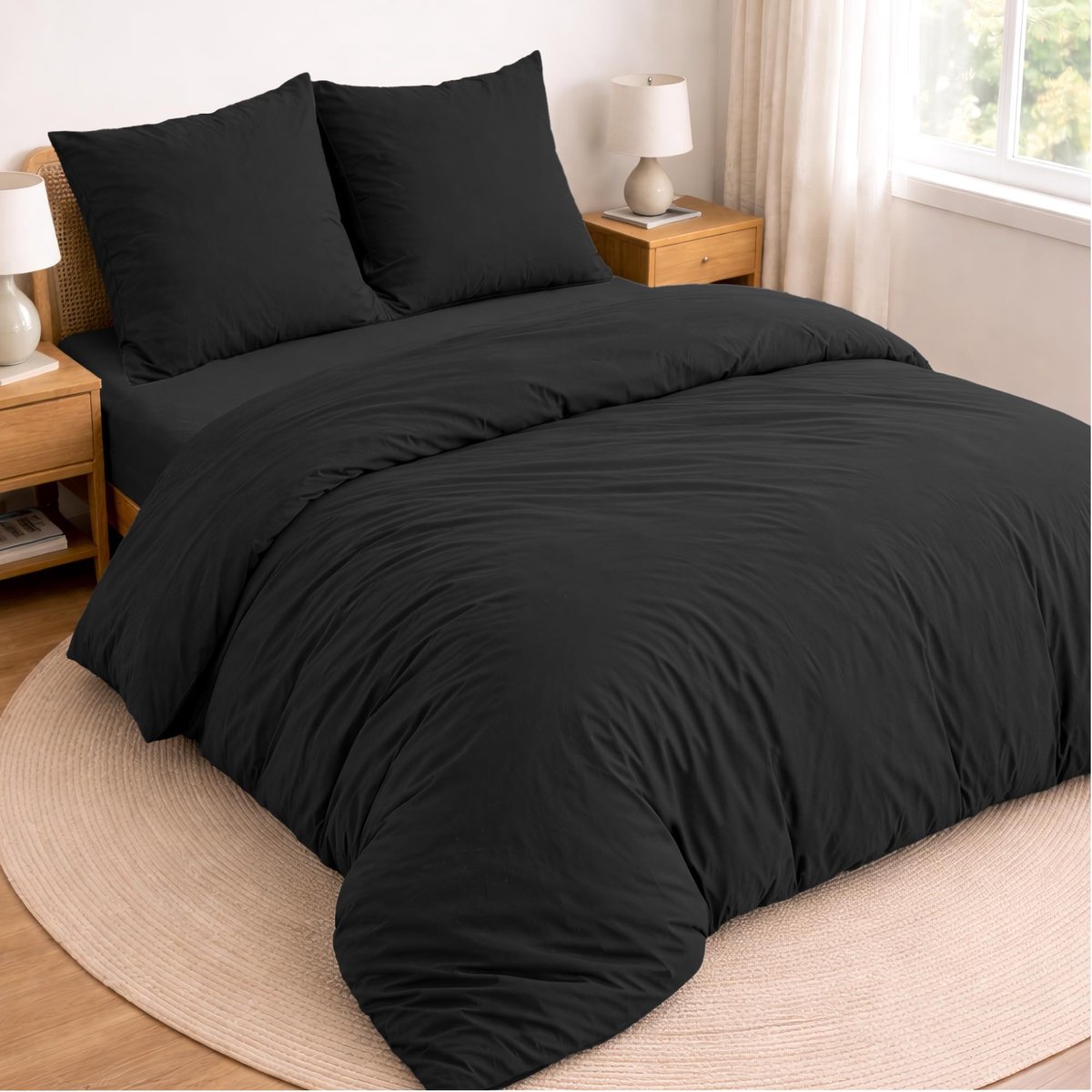 4-delig Beddegoedset - Dekbedovertrek 220x240 cm met Hoeslaken 140x190 cm - Zwart