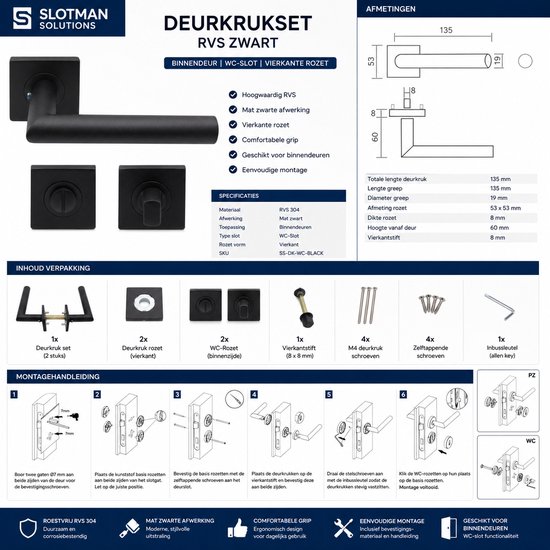 Slotman Solutions Deurklink WC – RVS – Mat Zwart – Vierkante Rozet – Toiletsluiting – Deurbeslag Set
