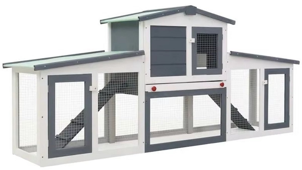 JOYNEXTBUY - Groot Buitenkonijnenhok met Ren – Houten Kippenhok voor Achtertuin – Ruim Pluimveehok voor 4 tot 6 Kippen – Weerbestendig – Grijs/Wit