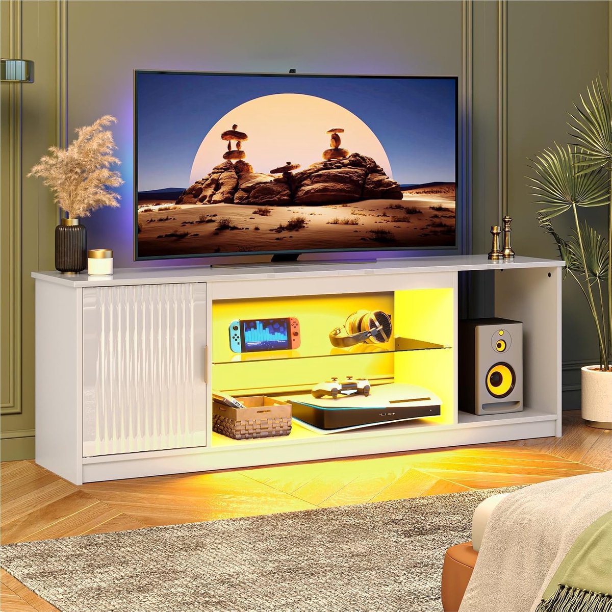 TV meubel 160 cm voor 65 inch TV – House&Garden Gaming Entertainment Center met LED verlichting, stralend wit hoogglans design – moderne TV kast met opbergruimte voor PS5, Xbox & Switch – verstelbare glazen planken – luxe media meubel woonkamer